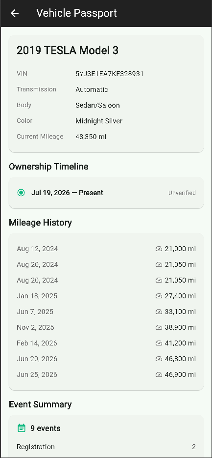 VINspct vehicle passport with ownership and mileage timeline