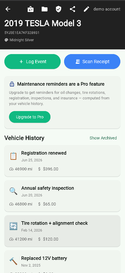 VINspct vehicle detail screen with event history